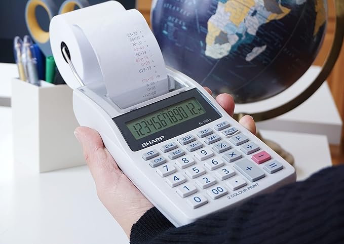 Sharp EL-1611V Handheld Portable Cordless 12 Digit Large LCD Display Two-Color Printing Calculator with Tax Functions