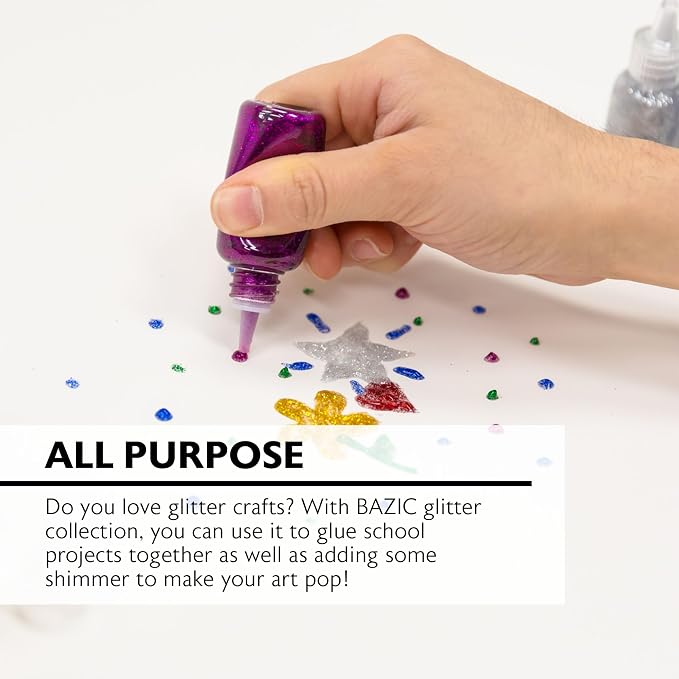 BAZIC Products Classic Glitter Glue, 6 Colors, 0.67 Oz, 24-Box | washable and non-toxic, classic glitter glue tubes, 0.67 Oz each, glue and glitter in one