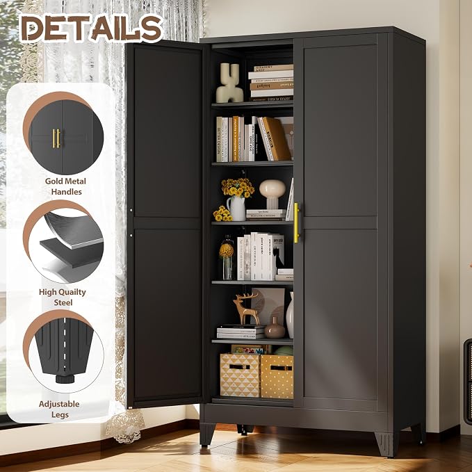78.7" Tall Metal Pantry Cabinet, Freestanding Kitchen Storage Cabinet | with 2 Doors and 5 Adjustable Shelves, Versatile Storage Cupboard for Kitchen, Laundry, Dining & Utility Room, Black