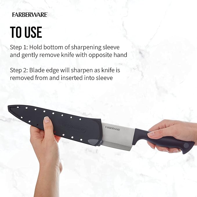 Farberware Edgekeeper 8-Inch Chef Knife with Self-Sharpening Blade Cover, High Carbon-Stainless Steel Kitchen Knife with Ergonomic Handle, Razor-Sharp Knife, Black