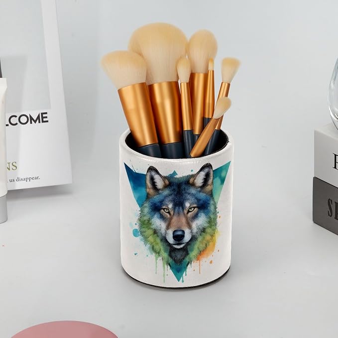 Leather Pen Holder for Desk, Watercolor Wolf Pencil Cup Pen Organizer Makeup Brush Holder for Office Home Kids Countertop Desk Accessory Storage