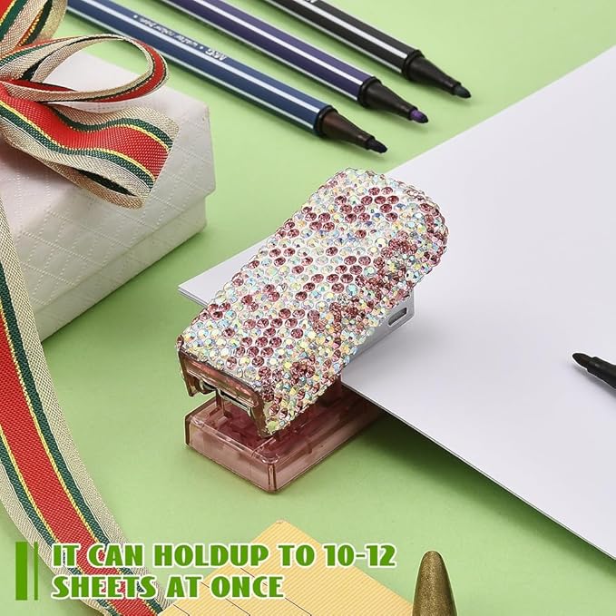 Bling Rhinestone Stapler, Sparkly Diamond Staplers, Cute Desk Stapler for Women & Girls, Bling Crystal Machine Pretty Office Stationery Kit (Pink with AB Color Plated, Small)