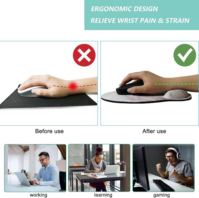 Mouse Pad with Wrist Support, Ergonomic Mouse Pad with Memory Foam Wrist Rest Cushion, Non-Slip Rubber Base Gaming Mice Pad for Home Office Computer Laptop, White Marble