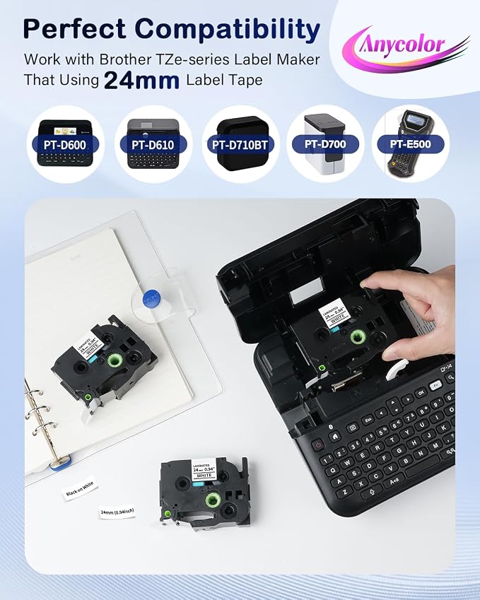 Anycolor TZe-251 TZe251 24mm 0.94 Laminated White Label Maker Tape | Replace for Brother P-Touch Label Tape 1 Inch TZ-251 TZ Tape for Brother PT-D600 PT-D610BT PT-P710BT 910BT, 5-Pack