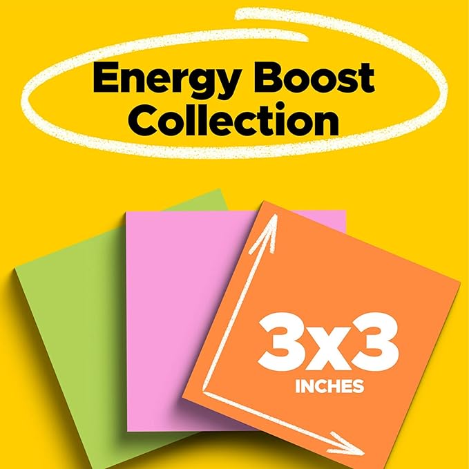 Post-it Super Sticky Notes, 3 Sticky Note Pads, 3 x 3 in., School Supplies, Office Products, Sticky Notes for Vertical Surfaces, Monitors, Walls and Windows, Energy Boost Collection (Pack of 2)