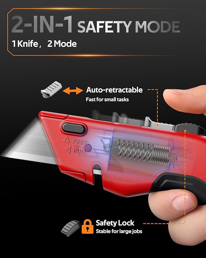 VOTREK® Box Cutter Utility Knife, [2-in-1] Retractable Box Cutter, Heavy Duty Safety Sharp Razor Knife for Home & Warehouse Cardboard, Carpet, [Blade Storage], with Extra Razor & Hook Blades (Red)