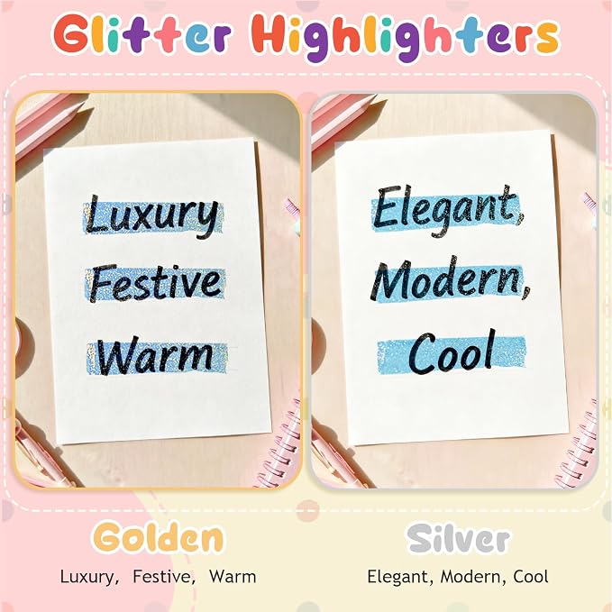 Gold Glitter Highlighters, 12 Colors, No Bleed Chisel Tip Marker | Quick Dry for Bible, Journals, Planners, Scrapbooks & DIY Crafts