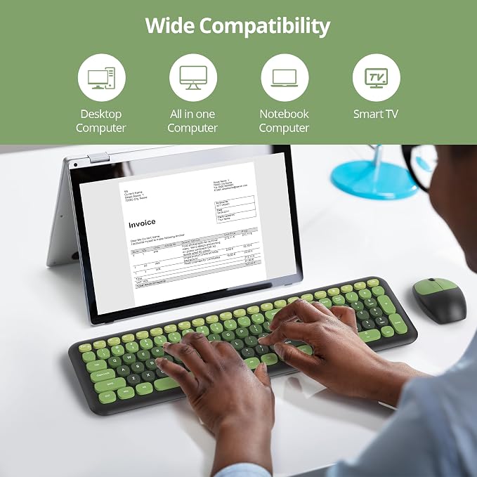Surmen Dark Green Keyboard and Mouse Wireless Quiet, Full-Size Girly Cute Keyboard Mouse Retro Typewriter Low-Noise 2.4GHz for Computer, Desktop, Laptop (6-Black Green)
