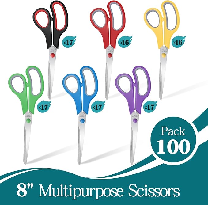 100 Packs 8" Sewing Craft Scissors Bulk,Multipurpose Heavy Duty Sharp Paper Scissors,Stainless Steel Shears for Home Office Student Teacher Supplies