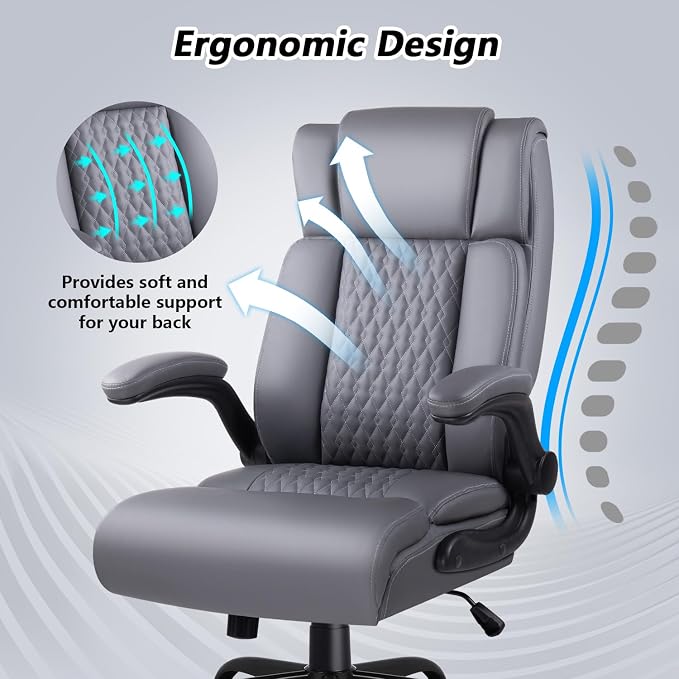 Office Chair, 400LBS Heavy Duty Big and Tall Executive Office Desk Chair with Flip-up Arms, Ergonomic High Back Office Chairs with Lumbar Support, PU Leather, Grey