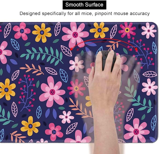 Purple Pink Flowers Desk Mat, Daisy Floral Extended Large Gaming Mouse Pad, Non Slip Rubber Base Stitched Edge Desktop Desk Pad for Computer, Christmas and Thanksgiving Gifts, 31.5 x 11.8 in