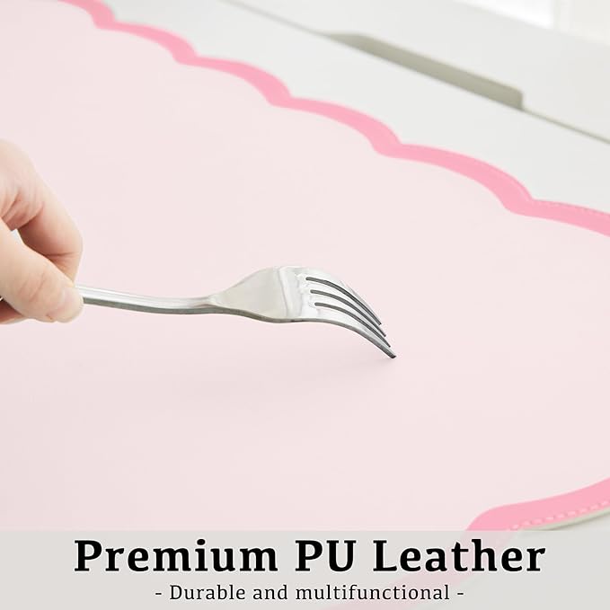 Scalloped Desk Mat, 31.5" x 15.7" Large Cute Aesthetic Desk Accessories, PU Leather Computer Laptop Desk Mouse Keyboard Pad, Desk Writing Mat for Vanity/Work/Home Decor (Pink, 31.5" x 15.7")