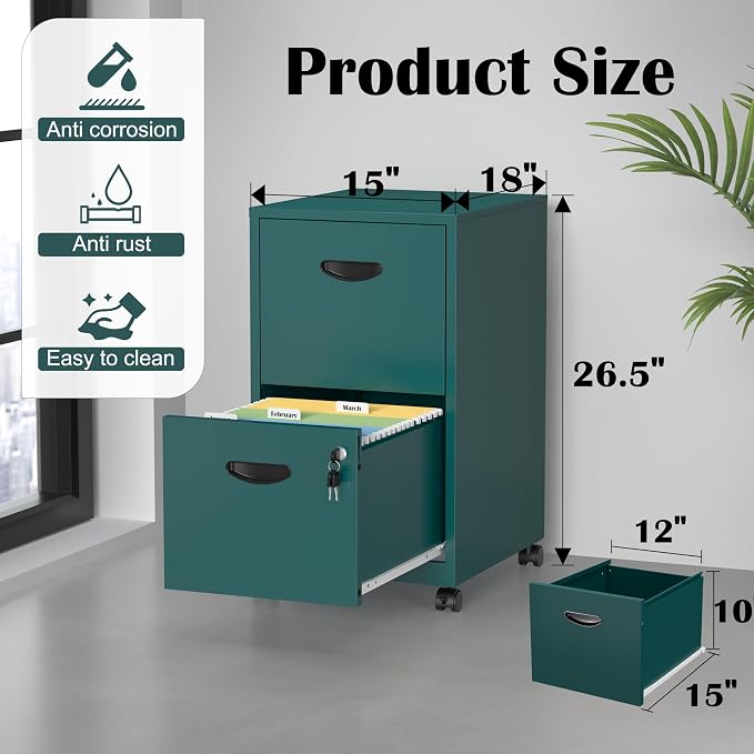 SteeLoong 2 Drawer File Cabinet,Metal Mobile File Cabinet with Lock Green | Filing Cabinet with Wheel,Vertical File Cabinet for Home Office,Under Desk Rolling File Cabinets for Hanging Letter/A4