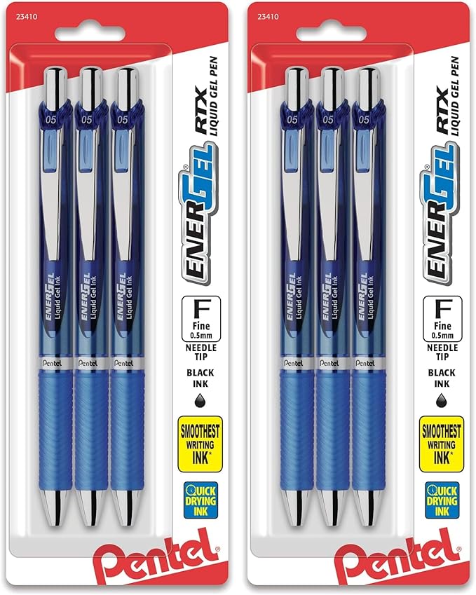Pentel EnerGel RTX Retractable Liquid Gel Pen,(0.5mm),Fine Line,Needle Tip,Blue Ink,(BLN75BP3C),3 Count (Pack of 2)
