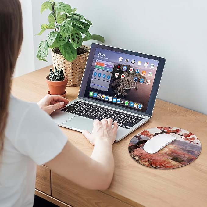 Round Mouse pad, high-end Texture, Sewn Edge Design, Anti-Slip Rubber Base. 8.6 x 8.6 inches (Red Plum)