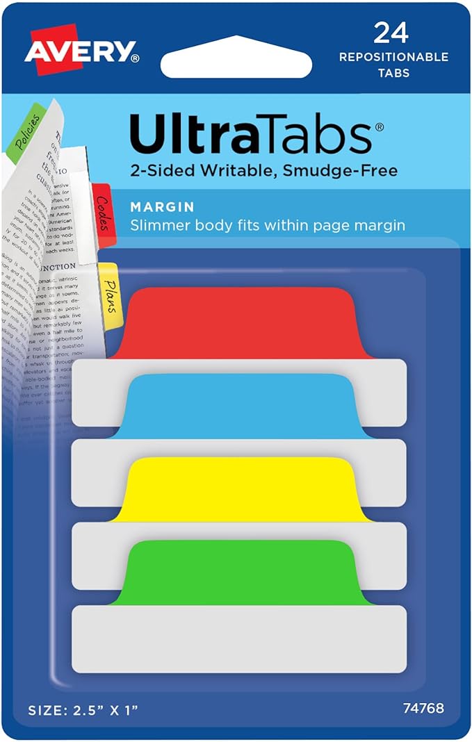Avery® Margin Ultra Tabs®, 2.5" x 1", 2-Side Writable, Assorted Colors, 24 Repositionable Page Tabs (74768)