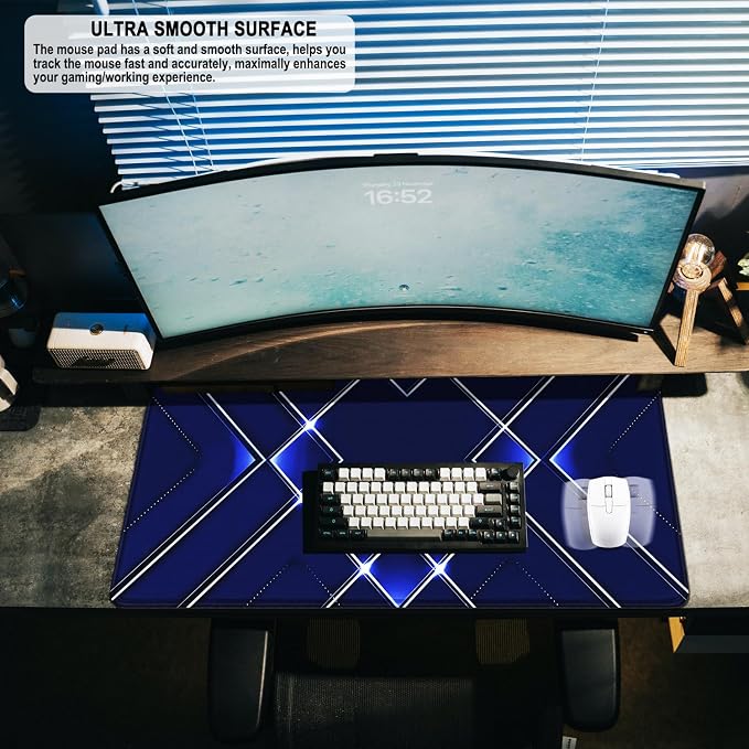 Gaming Mouse Pad, Water Resist Fabric XXL Large Extended Mousepad with Non-Slip Rubber Base, Stitched Edge, Computer Keyboard Mat for Gamer, Office, Home, 31.5" x 15.7", Blue White