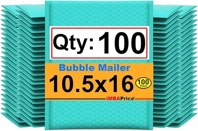iMBAPrice 10.5x16 Inches Teal Color Polybubble Bag, 100-Pack Large Size #5 Self Seal Poly Bubble Mailers Padded Packing Envelopes (Total 100 Bags)