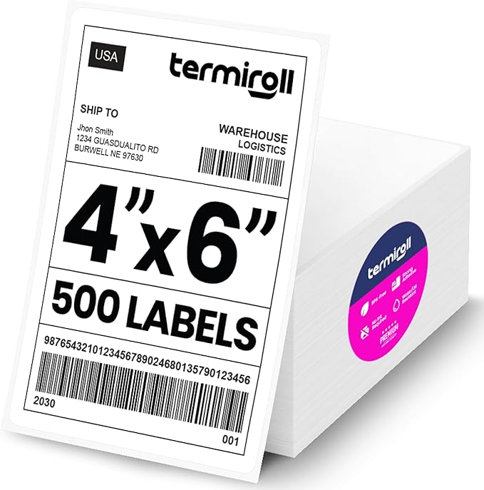 4x6 Thermal Labels, Shipping Stickers, 500 Labels/Fanfold Perforated, Compatible with Rollo, Zebra, iDPRT, Munbyn & More Direct Thermal Printers, Strong Adhesive, Multipurpose Small & Medium Business