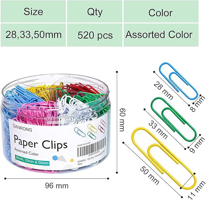 520 PCS Colored Paper Clips Assorted Sizes, Small Medium and Large (1.1", 1.3" & 2"), Colorful Paperclips for Office, School, Home Supplies-Colored