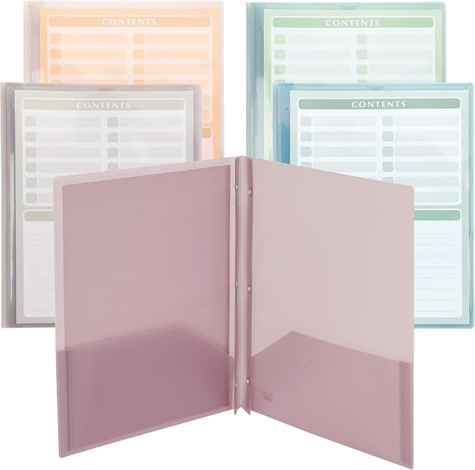 Mr. Pen- Plastic Folders with Pockets and Prongs, 5 Pack, Letter Size | Translucent, Colorful, Flexible Plastic Folders with Prongs, Clear Front Pocket and Card Slot
