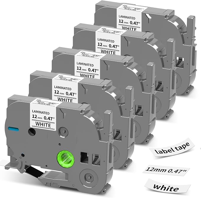 Label Maker Tape Replacement for Brother TZe-231 TZe231 P Touch TZe TZ Tape | 12mm 0.47 Laminated Black on White Tape Compatible with Brother PT-D210 PT-D220 PT-H110 PT-D410 PT-D610BT, 12mm x 8m, 5-Pack