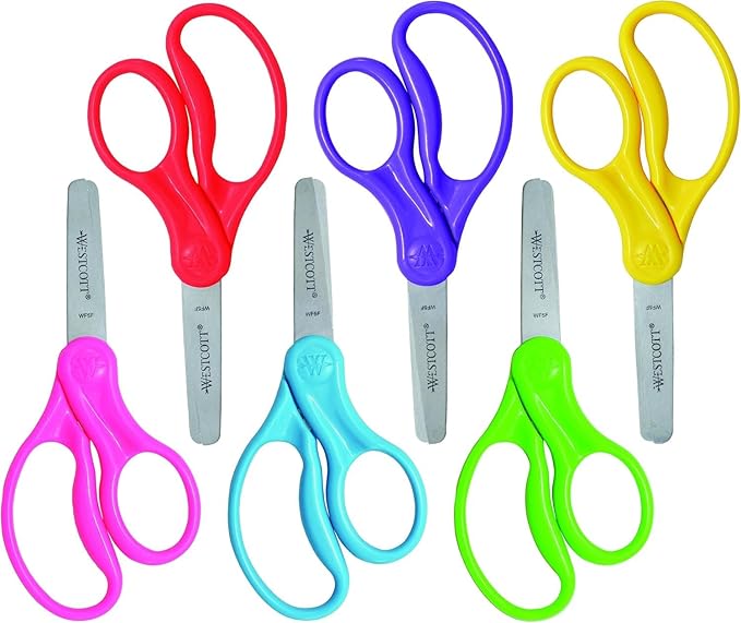 Westcott 16454 Right- and Left-Handed Scissors, Kids' Scissors, Back to School, Classroom Supplies, Ages 4-8, 5-Inch Blunt Tip, Assorted, 6 Pack