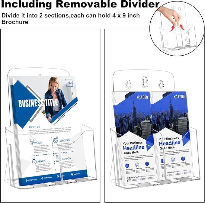 Daofary 2 Pack Acrylic Brochure Holder 8.5 x 11 in with Business Card Holder, 1-Tier Brochure Display Stand with Removable Divider for 4 x 9 Inches Trifold Pamphlets, Clear Flyer Holde
