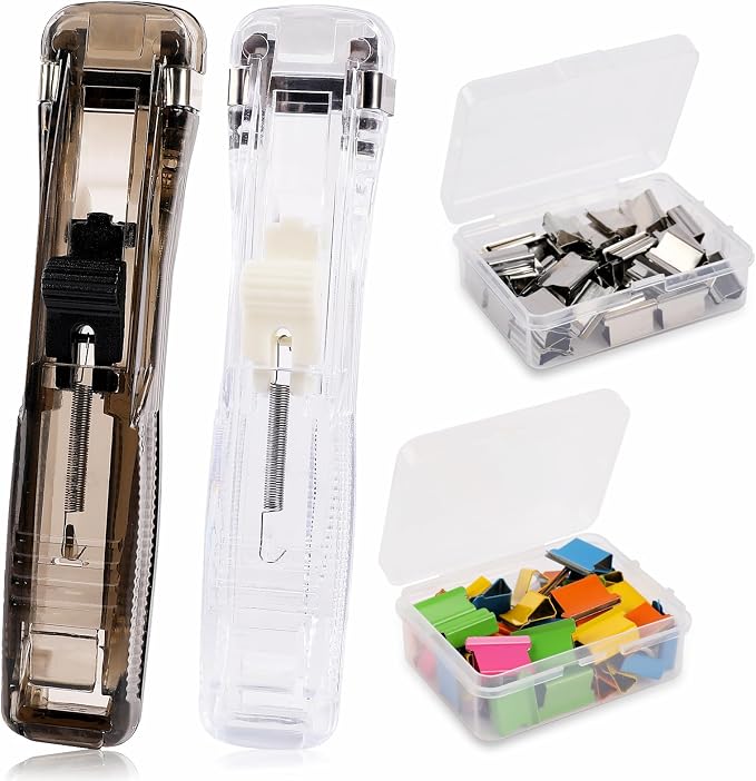 2 Pcs Portable Handheld Paper Clam Clip Dispenser with 100 Pcs Paper Clam Clip Refills Mini Push Stapler Dispenser Papers Clamps for Fixing Documents