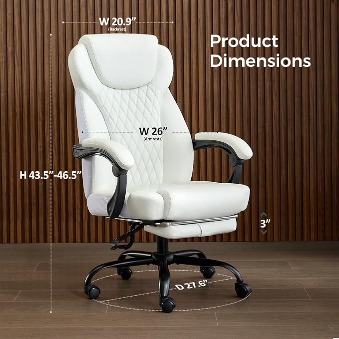 amseatec Big and Tall Office Chair with Footrest, Lumbar Support, White | Ergonomic Leather High Back, Infinite Lock Reclining 90°-135°, 20 Spring Packs, 300lbs Capacity, Executive Desk Chair