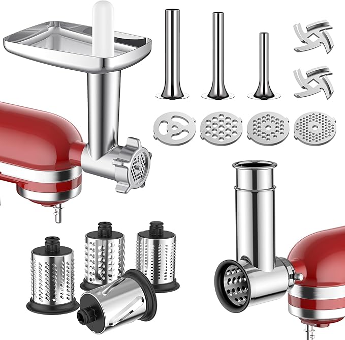Meat Grinder & Stainless Steel Slicer Shredder Attachment for Kitchenaid Stand Mixer - Sausage Stuffer, Food Slicer, Shredder, Cheese Grater & Salad Maker by Cofun