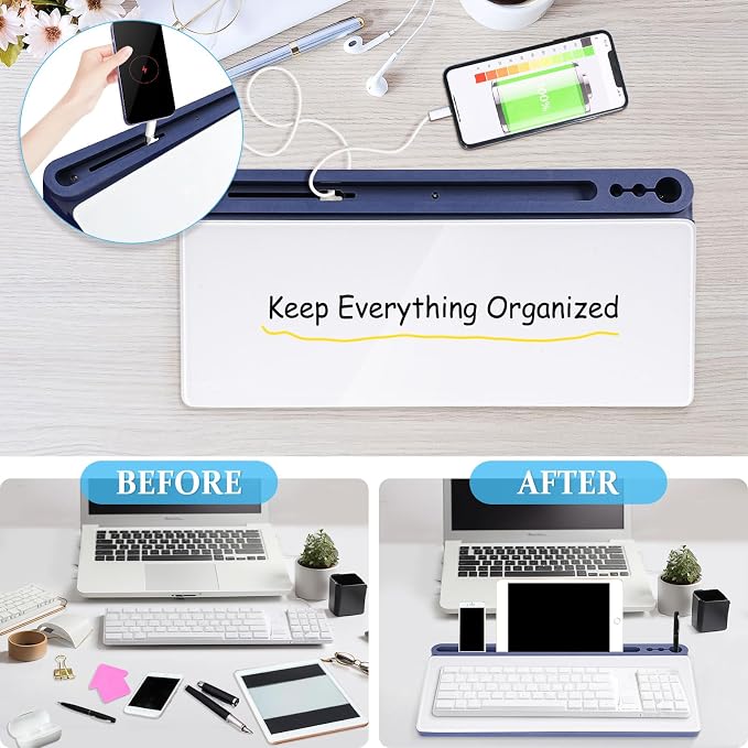DOLLAR BOSS Glass Desk Whiteboard Small Dry Erase Board, Blue | Desktop White Board with Storage Drawer, Computer Keyboard Stand, Desk Organizer, Office Supplies, With Markers, Eraser