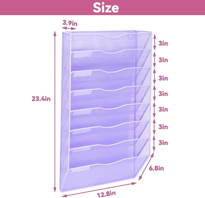 8 Pockets Mesh Wall File Holder Organizer Office Hanging File Folder Magazine Rack, Nametag Label Hooks Set Included (Purple)