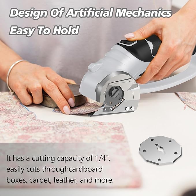 Cordless Electric Scissors, 4V Rechargeable Box Cutter & Cardboard Cutter with LED Light, Safety Lock - Rotary Cutter for Fabric, Leather, Carpet, Plastic, Crafting, Sewing with Storage Box (Grey)