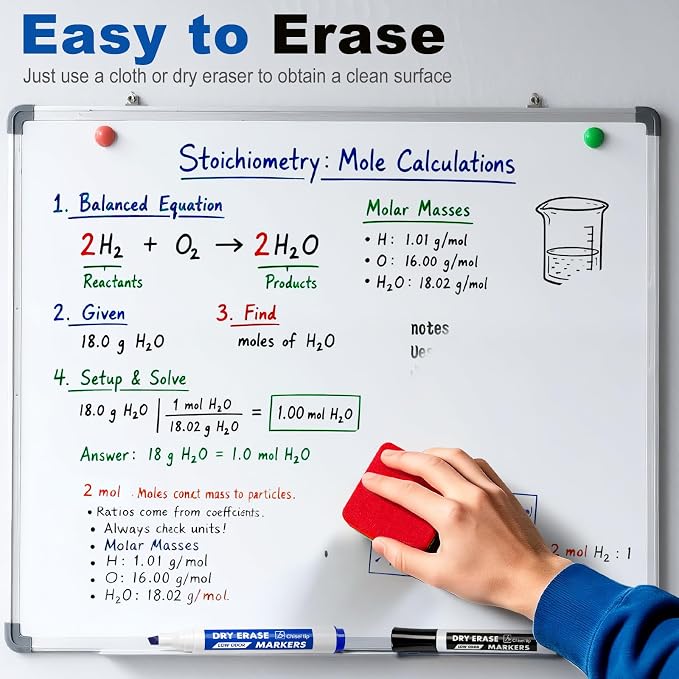 Dry Erase Markers with Eraser, 36 Count Chisel Tip Whiteboard Markers | 4 Assorted Colors, Low Odor, Non-Toxic, Quick-Dry Ink, for Office, Classroom, Back-to-School Supply