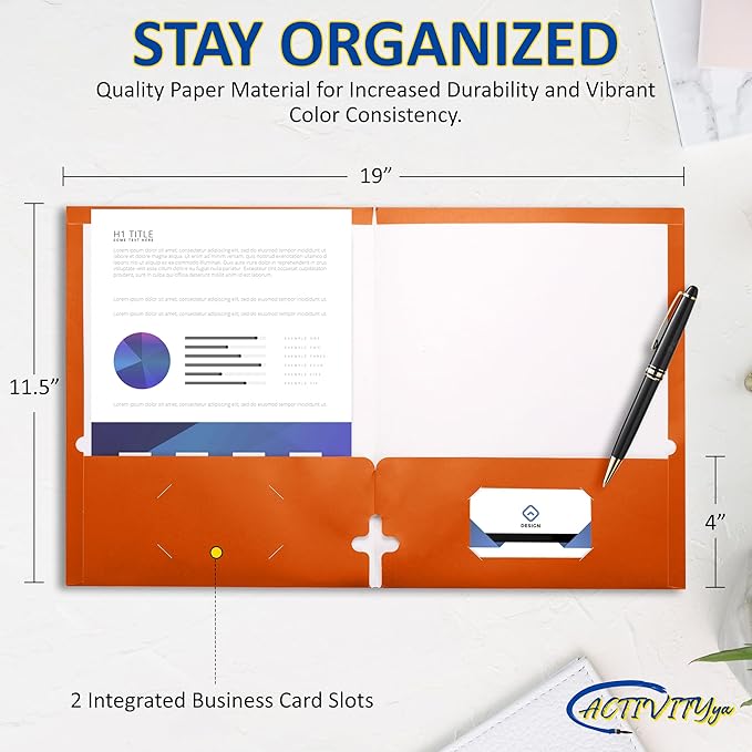 10 Pack Two Pocket Folders, Orange, Strong Thick Paper Folders, for Letter Size, by ACTIVITYya