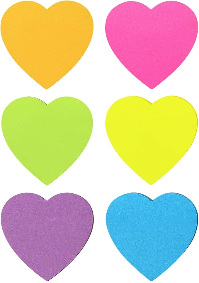 SIMONA Heart Shape Sticky Notes 6 Bright Colors, 450 Sheets | Cute Heart Self-Sticky Note Pads, 6 Bright Assorted Colors Sticky Notes for Office, School, Family