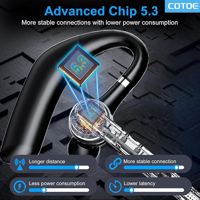 Bluetooth Headset V5.3, Wireless Earpiece with 500mAh Charging Case 72 Hrs Talking Time Hand-Free Headphones with Noise Canceling Mic for Office/Driving/Business/Trucker,Black