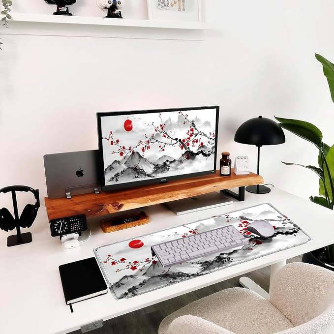 Japanese Sakura Mouse Pad, Red Moon, 31.5x11.8 Inch White deskmat | Anime Desk Mat, Large, Non-Slip Rubber Base, Waterproof, Stitched Edges
