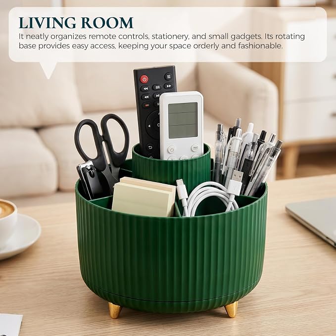 KONVINIT Pencil Pen Holder for Desk, 5 Slots 360-Degree Rotating Desktop Organizer, Cute Desk Organizers and Accessories for School, Home, Office and Art Supply, Dark Green