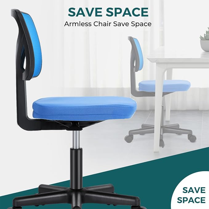 DUMOS Armless Desk Chairs, Small Home Office Mesh Chairs | Ergonomic Adjustable Mid Back, Swivel Rolling Task, Computer Work Vanity Small Spaces, Blue
