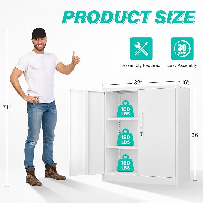 36 inch Storage Cabinet with Doors and Shelves,White Metal Storage Cabinet,Small Locking Metal Cabinets,Short Steel Counter Cabinets with Lock for Garage Home Office Pantry