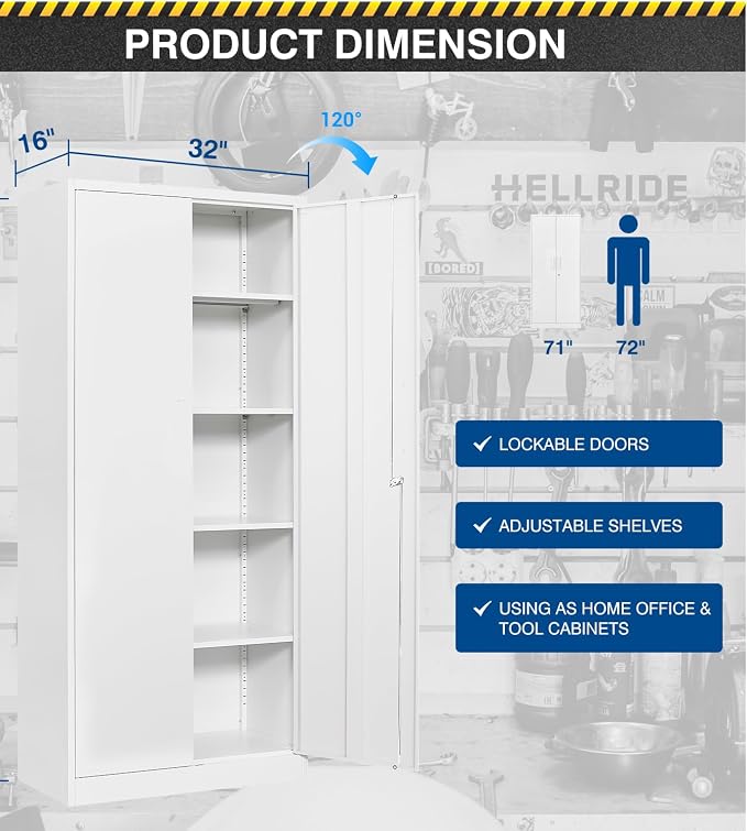 Fesbos Metal Storage Cabinet-71” Tall Steel File Cabinets with Lockable Doors and Adjustable Shelves-White Steel Storage Cabinet for Home,Kitchen, School, Office, Garage