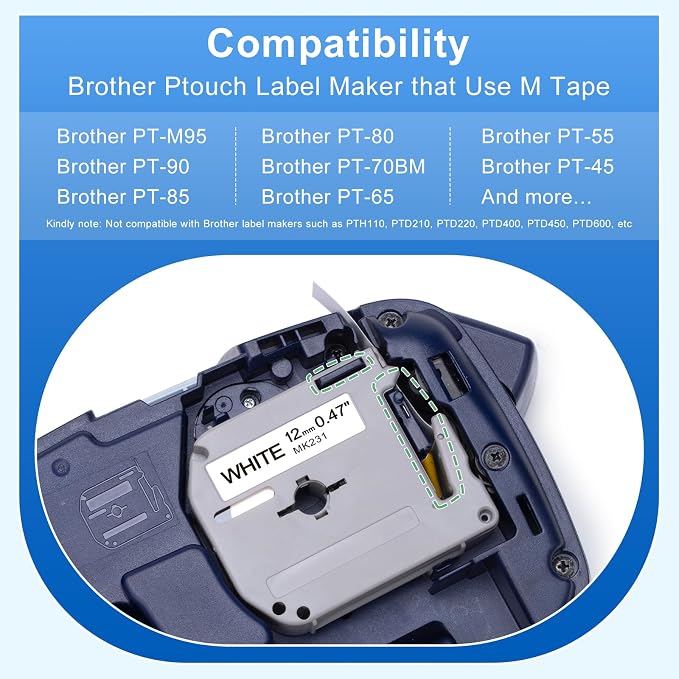 10 Pack Labelife M-K231s Label Tape Replace for Brother P Touch M Tape | M-K231 MK231 M-231 12mm 0.47 1/2 Refills Compatible with Brother Ptouch PT-M95 PT-80 PT-70 PT-65 PT-45 Label Makers