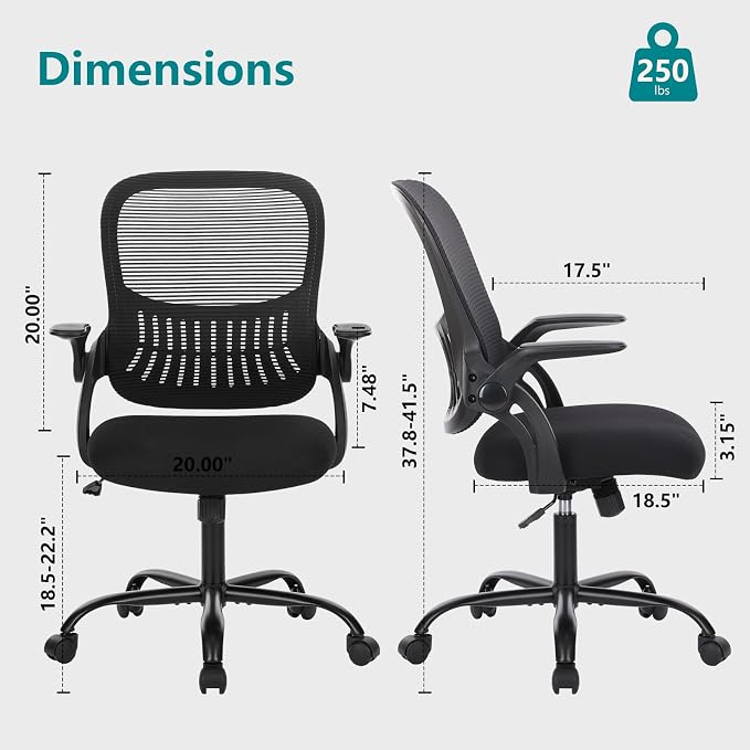 Sweetcrispy Executive Home Office Chair, Mesh Office Chair, Black | Ergonomic Executive, Adjustable Height, 360° Swivel Wheels, Mid-Back, Comfy Arms, Bedroom, Study, Student