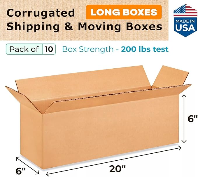 Long Shipping & Moving Boxes 20x6x6 inches (10-Pack) - Extra Strength 200 lb vs Regular - USA-Made Corrugated Strong Boxes for Packaging Moving - Cardboard Packing Box for Moving by IDL Packaging