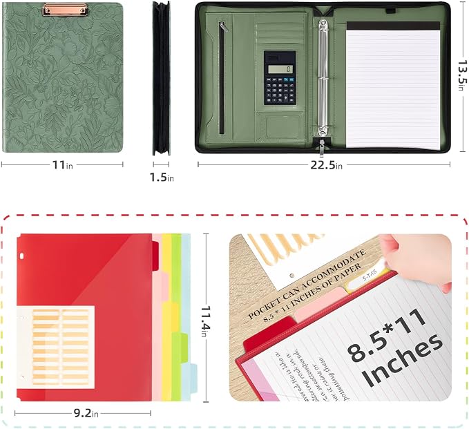 Ospelelf Green Leather Portfolio Binder 3 Ring, Zippered Clipboard Folder with Storage - 5 Dividers with Pocket, Padfolio for Women,12.1” Tablet Sleeve, Refillable Notepad, Card Slot