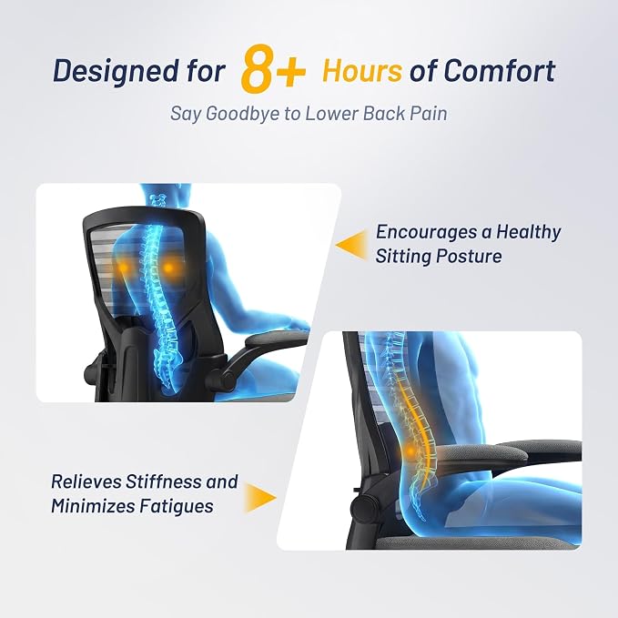 Office Desk Chair for Long Hours & Back Pain Relief – 4“ Thick Molded Foam Cushion, Enhanced Lumbar Support, Padded Flip-up Armrests, Ideal for Office or Study, Dark Gray