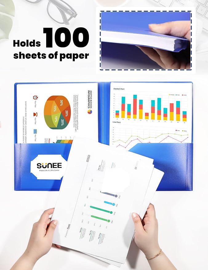 SUNEE 2 Pocket Folders (12 Pack, Blue) Heavy-Duty Plastic Folders with Pockets, Fit 8.5x11 Letter Size Paper, 2-Pocket File Folders for Kids, Home, School, Office