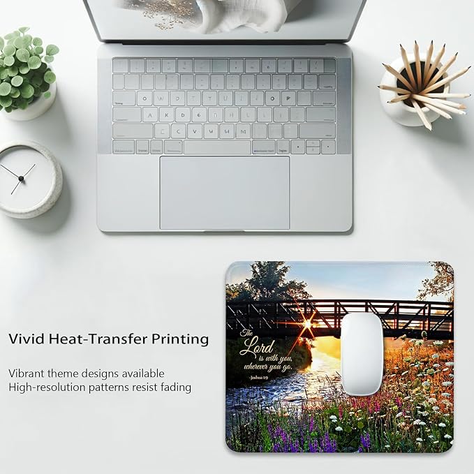 The Lord is with You Wherever You Go Mouse Pad, Christian Quote Desk Mat | Sunshine Glow Through Bridge & Wildflowers, Joshua 1:9, Inspirational Bible Verse Scripture, Stitched Mousepad 9.5 x 7.9 Inch